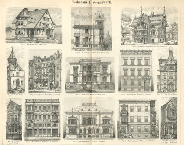 Eine Buchseite mit verschiedenen Gebäuden mit einzigartiger Architektur, begleitet von beschreibendem Text.