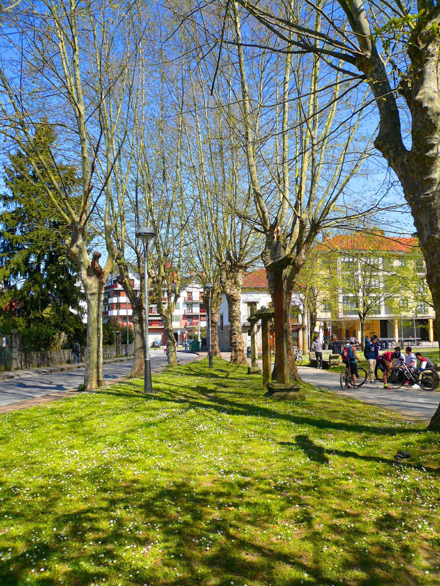 Ein Park mit grünem Gras und Bäumen, Menschen, die zu Fuß und mit dem Fahrrad auf einer Straße unterwegs sind, mit Gebäuden und einem blauen Himmel im Hintergrund.