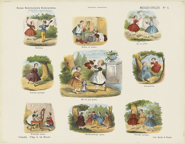 Ein Kinderbuch mit Bildern von Kindern, die im Park spielen, umgeben von Bäumen und anderen Gegenständen, mit begleitendem Text.