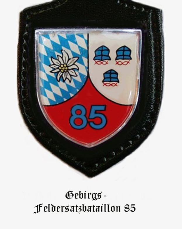 Ein rundes Abzeichen mit der Zahl 85 und deutschem Text unten, das das Logo der bayerischen Fuballmannschaft darstellt.