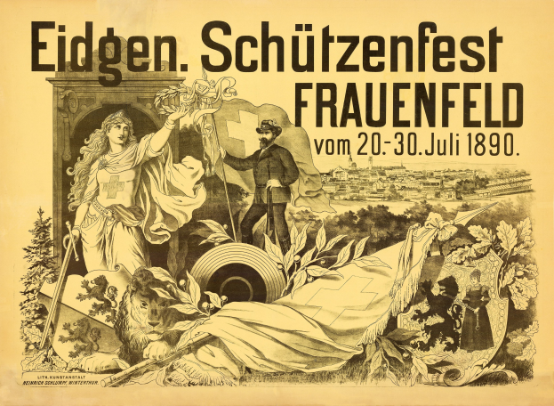 Plakat zum Eidgenössischen Schützenfest in Frauenfeld, Deutschland, mit einem Mann im Anzug und einer Frau im Kleid nebeneinanderstehend und Veranstaltungseinzelheiten.