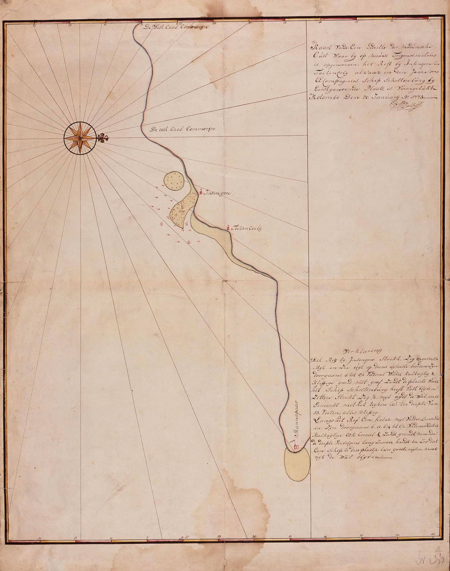 Eine von Hand gezeichnete Karte eines Gewässers mit beschrifteten geographischen Merkmalen und begleitendem Text.