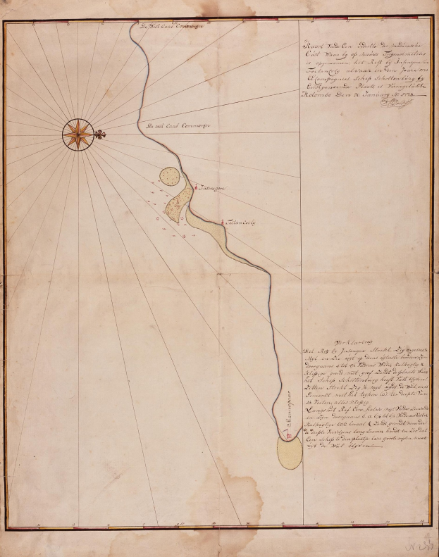 Eine von Hand gezeichnete Karte eines Gewässers mit beschrifteten geographischen Merkmalen und begleitendem Text.