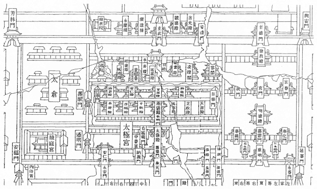 Eine stilisierte Karte von Shanghai, China, mit chinesischer Schrift und Illustrationen von Straßen, Gebäuden und Sehenswürdigkeiten.