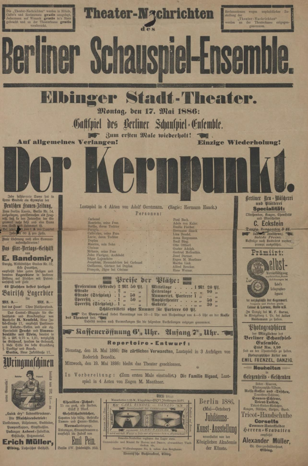 Alte Zeitungsanzeige für das Berliner Schauspiel-Ensemble mit einem Mann im Anzug und Krawatte, die den Event beschreibt.