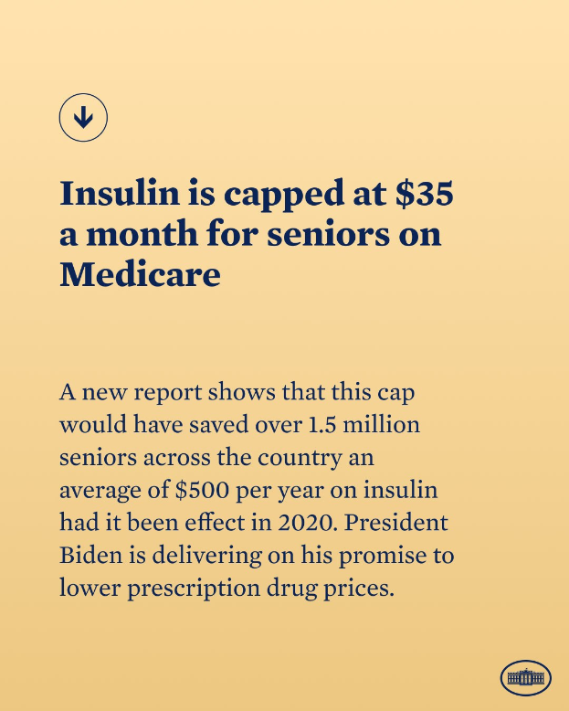 Ein Plakat mit Text und Logo, auf dem steht: 'Insulin ist auf 35 Dollar pro Monat für Senioren mit Medicare gedeckelt'.