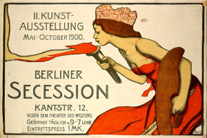 Ein Vintage-Plakat, das eine Berliner Secession im Jahr 1900 ankündigt und eine Frau in einem roten Kleid zeigt, die ein Objekt hält, mit Text zu den Ereignissen.