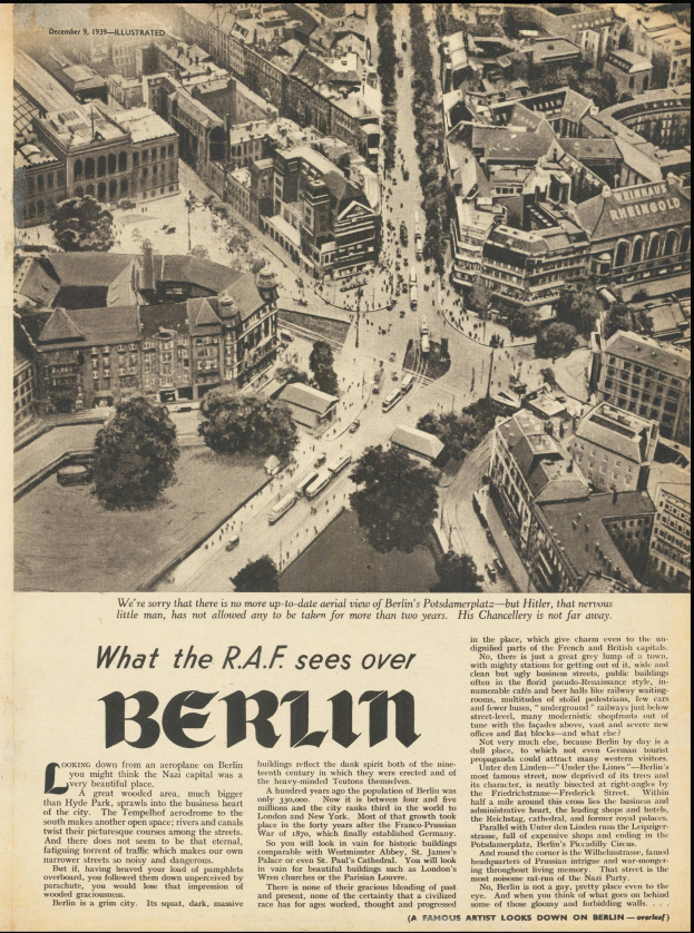Alte Zeitung mit einem Schwarz-Weiß-Foto einer Stadtlandschaft, Text, Gebäude, Bäume und Fahrzeuge sind zu sehen.