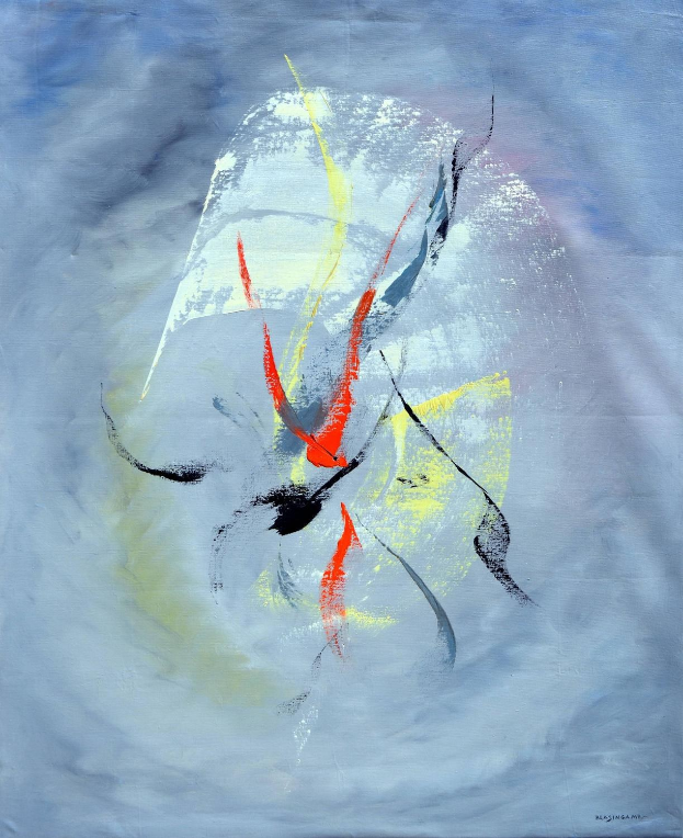 Abstrakte Malerei mit blauem Hintergrund, roten und gelben Akzenten, erstellt mit Acryl auf Leinwand in Grautönen.