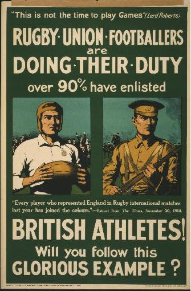 Ein Vintage-Plakat mit zwei Rugby-Union-Fußballern, die ihren Eintritt in den Dienst ankündigen und darauf hinweisen, dass über 90 % der britischen Athleten eingezogen sind.