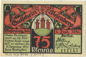 Alte deutsche Banknote mit einem Gebäude, «Bundesliga»-Text und einem Logo auf weißem Hintergrund.