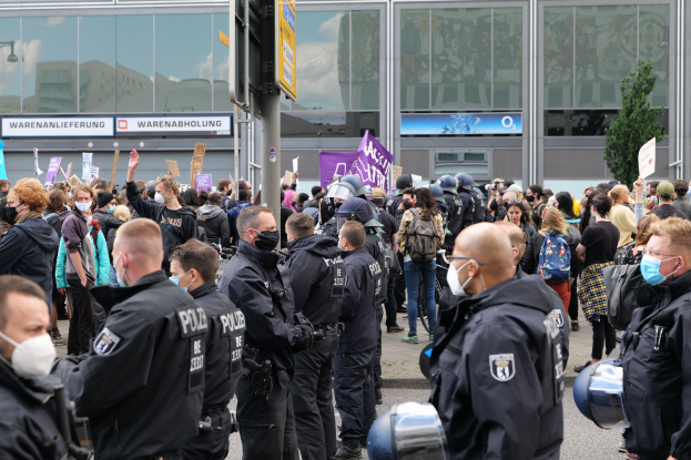 Eine große Gruppe von Menschen steht vor einem Gebäude, einige halten Schilder und tragen Helme, mit einem Pfahl mit einem Schild im Vordergrund und einem Baum im Hintergrund, die scheinbar protestieren.