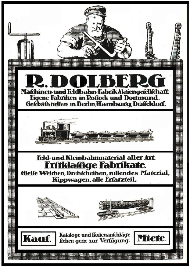 Werbeplakat für die Fabrik von R.D. Dolberg in Hamburg, Deutschland, das Text, eine Person, einen Zug und andere Objekte zeigt.