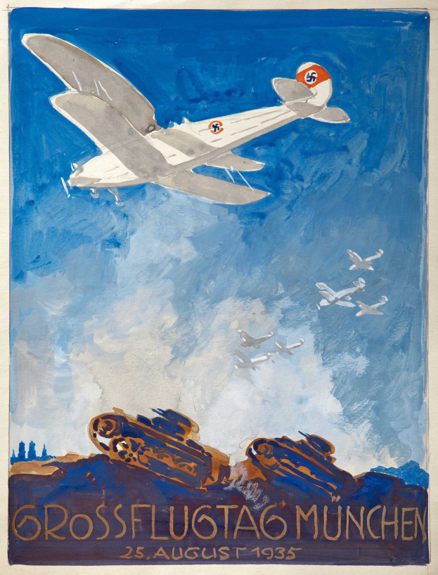 Plakat für eine Luftfahrtausstellung mit dem Titel "Grossflugtag München" am 25. August 1935, das Flugzeuge am Himmel zeigt.