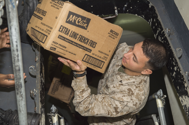 Mann in militärischer Uniform, der eine Kiste mit Lebensmitteln hält, mit der Hand eines anderen Menschen im Hintergrund, während er sie in einen Lastwagen lädt.