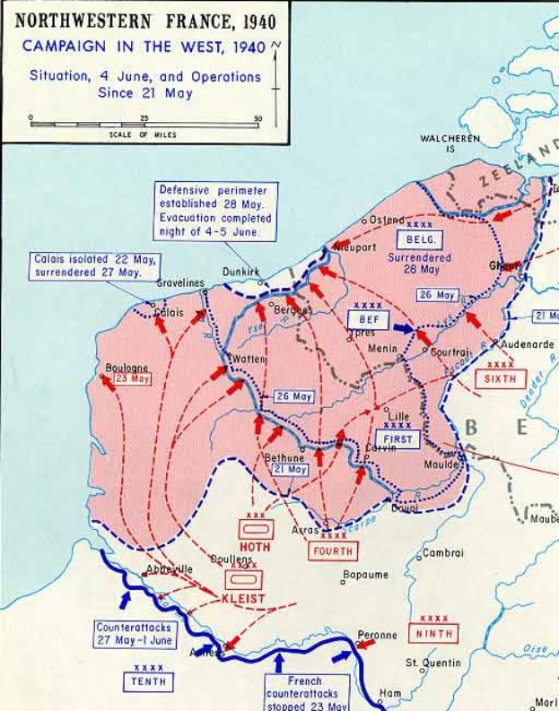 Ein Plakat, das eine detaillierte Karte von Nordfrankreich während des Westfeldzugs 1940 zeigt, mit Text und Zahlen annotiert.