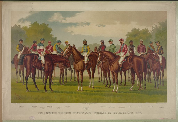 Gruppe von Menschen auf Pferden auf einer grünen Wiese mit Bäumen und einem blauen Himmel, mit Text unten, der "Siegerpferde und Jockeys der American Turf" lautet.