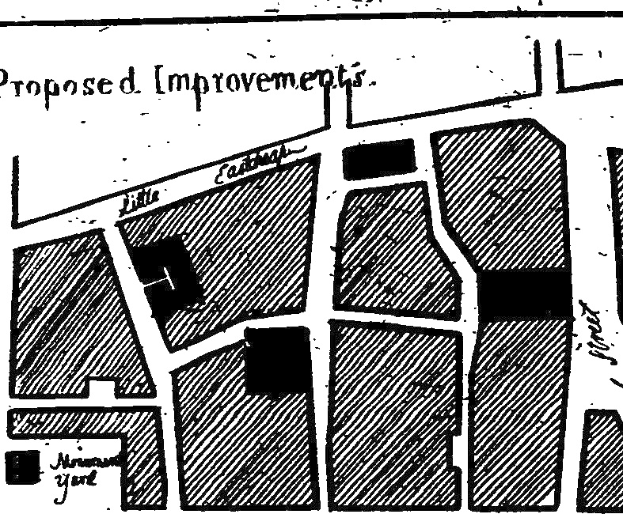 Schwarze und weiße Stadtkarte mit 'Vorgeschlagenen Verbesserungen' darauf, die Straßen, Gebäude und Sehenswürdigkeiten zeigt.