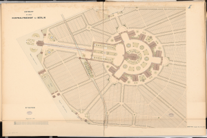 Ein detaillierter Stadtplan von Berlin aus einem alten Buch, der Straßen, Gebäude und Sehenswürdigkeiten zeigt.