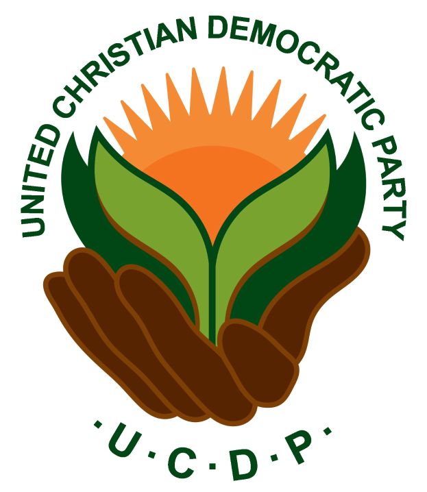 Logo der Vereinigte Christdemokratische Partei (UCDP): eine Hand, die eine leuchtend gelbe Blume mit einem grünen Stiel und Blättern hält, mittig in einem blauen und gelben Kreis auf einem weißen Hintergrund platziert, mit "UCDP" in fetter schwarzer Schrift darunter.