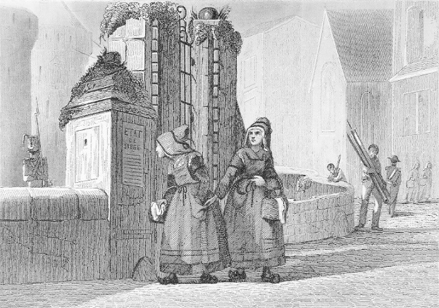 Schwarz-Weiß-Gravur Von Zwei Frauen, Die Vor Einem Gebäude Stehen, Mit Einigen Anderen Menschen Im Hintergrund Und Text, Der 'Victorianische Frauen In Der Stadt London' Liest.