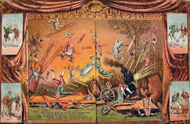 Gemälde einer Zirkusvorstellung mit Performern in bunten Kostümen auf einer Bühne, umgeben von Vorhängen und Gegenständen, mit Text unten.