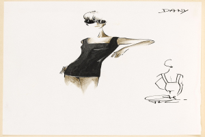 Eine Skizze einer Frau in einem hochgeschlossenen, langärmeligen schwarzen Kleid mit Pilotensonnenbrille, die selbstbewusst mit geschlossenen Augen und einem friedlichen Gesichtsausdruck steht.