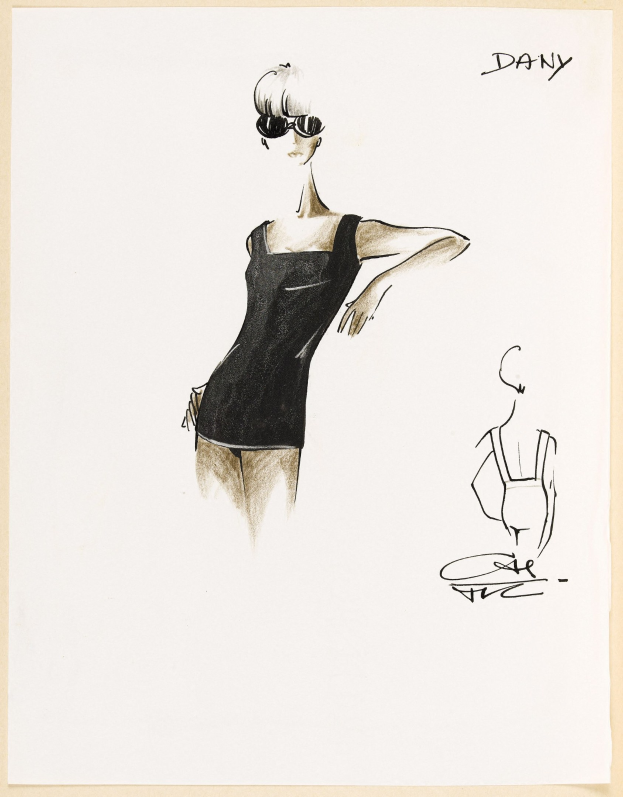 Eine Skizze einer Frau in einem hochgeschlossenen, langärmeligen schwarzen Kleid mit Pilotensonnenbrille, die selbstbewusst mit geschlossenen Augen und einem friedlichen Gesichtsausdruck steht.