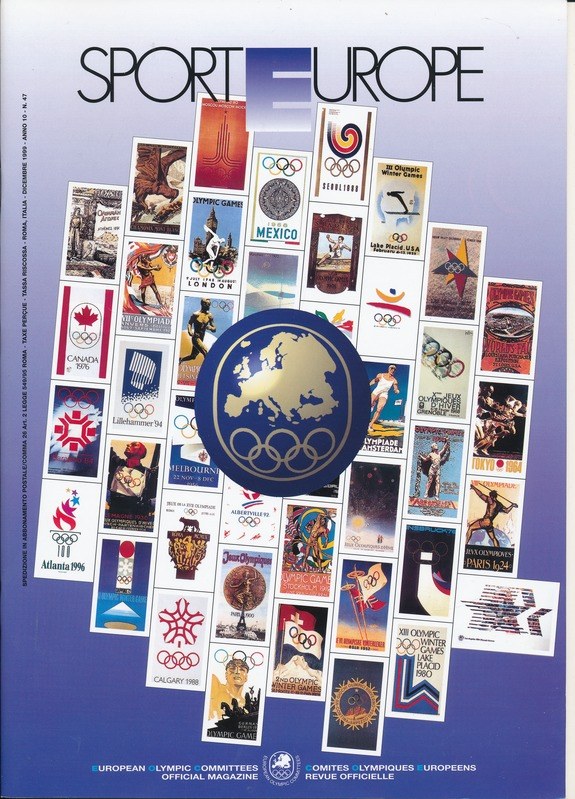 Ein Buchumschlag mit dem Titel "Sport in Europa", der lebendige Bilder, Symbole und Texte zu den Olympischen Spielen zeigt.
