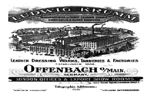 Ein Schwarz-Weiß-Bild eines Gebäudes mit der Aufschrift "Ludwig Krumm Lederpflegerei, Gerbereien & Fabriken" in Offenbach, Deutschland.