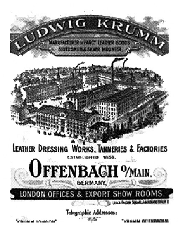 Ein Schwarz-Weiß-Bild eines Gebäudes mit der Aufschrift "Ludwig Krumm Lederpflegerei, Gerbereien & Fabriken" in Offenbach, Deutschland.
