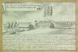 Ein altes Dokument mit einer Zeichnung eines Hofs in einem Feld, umgeben von Häusern, Bäumen und einem Himmel, mit der Aufschrift "Surgensburg, Deutschland - Landschaft eines Hofs".