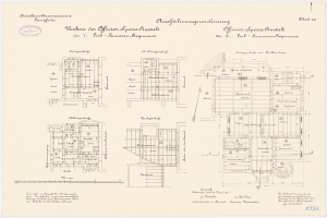 Ein detailliertes Grundriss-Zeichnung des ehemaligen Büros des deutschen Bundeskanzlers, das den Aufbau des Gebäudes mit verschiedenen Räumen und Textanmerkungen zeigt.