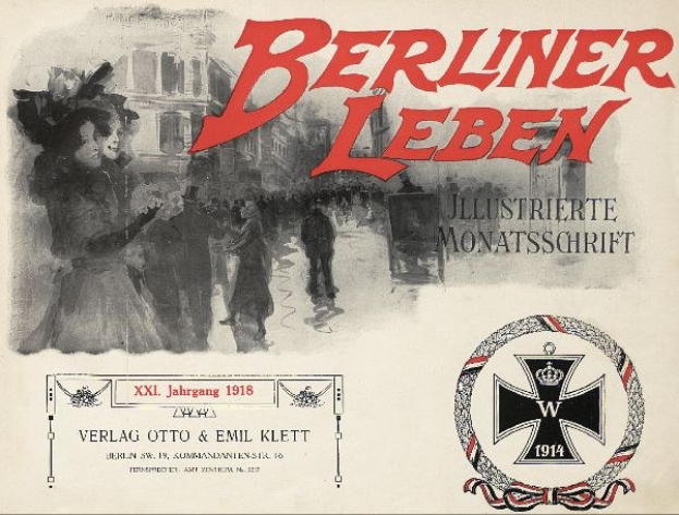 Titelbild eines alten Buches namens "Berliner Leben" mit einer Gruppe von Menschen in einer feierlichen Umgebung und einem deutschen militärisch assoziierten Logo.