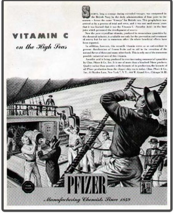 Werbung für Pfizer Vitamin C auf hoher See mit einem Plakat mit Text und Bildern von Menschen, Seilen und einem Schiff.