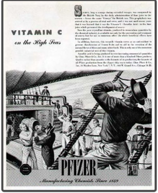 Werbung für Pfizer Vitamin C auf hoher See mit einem Plakat mit Text und Bildern von Menschen, Seilen und einem Schiff.