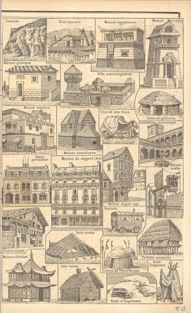 Ein Vintage-Buchseite mit Architekturzeichnungen verschiedener Gebäude neben beschreibendem Text.