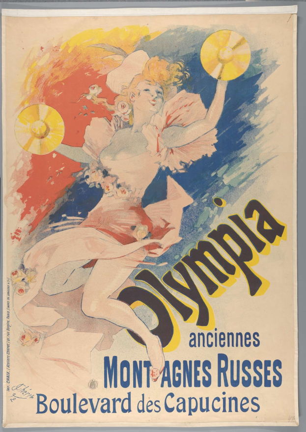Plakat für die Olympischen Spiele in Mont-Agnes-Russes, Frankreich, mit einer Frau in einem farbenfrohen Kleid, die einen Fächer hält und Text, der das Ereignis beschreibt.