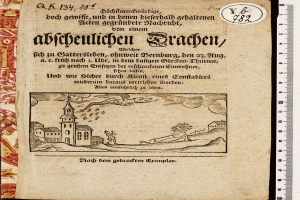 Ein aufgeschlagenes Buch mit dem Titel "Abbeulichten Bragen" und einer Zeichnung einer Kirche, Text und einem Lineal.