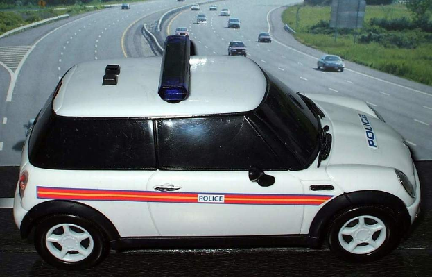 Weißer Polizeiwagen mit der Aufschrift "Polizei" an der Seite, gefolgt von mehreren Fahrzeugen auf einer Straße, die von Gras und Bäumen gesäumt ist.