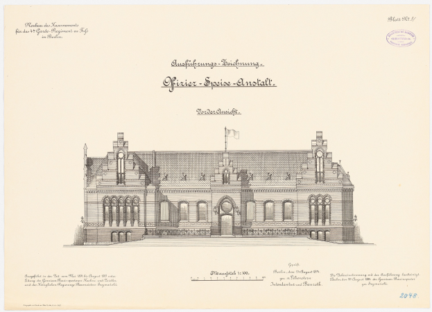 Eine Zeichnung des Hauptsaals des Deutschen Parlaments in Berlin, gekrönt von einer Flagge, begleitet von Text auf demselben Papier.