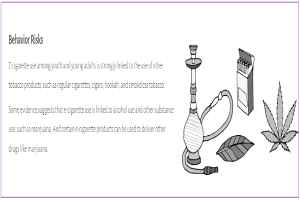 Ein Plakat mit einem Wasserpfeifen, Marihuanablättern und einer Zigarette, mit Text, der vor der Verbindung zwischen E-Zigarettengebrauch und anderen Tabakprodukten bei Jugendlichen und jungen Erwachsenen warnt.