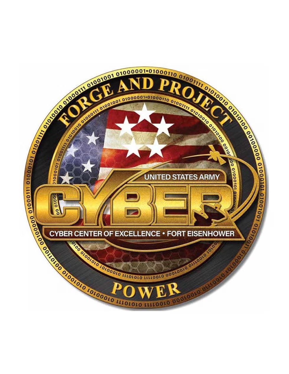 Logo der United States Army Cyber Center of Excellence, Fort Eisenhower, mit einem blauen Kreis mit einem weißen Stern darin und einem weißen Rand, sowie der Schrift "Forge and Project Cyber Power" darunter in fetter schwarzer Schrift.