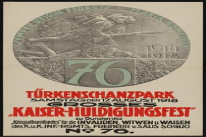 Plakat zum 70. Jubiläum des Kaiser-Huldigungsfestes in Berlin, Deutschland, mit einer Gruppe von Menschen in der Mitte, umgeben von Text und Zahlen, in einem klassischen Photo-Rahmen.