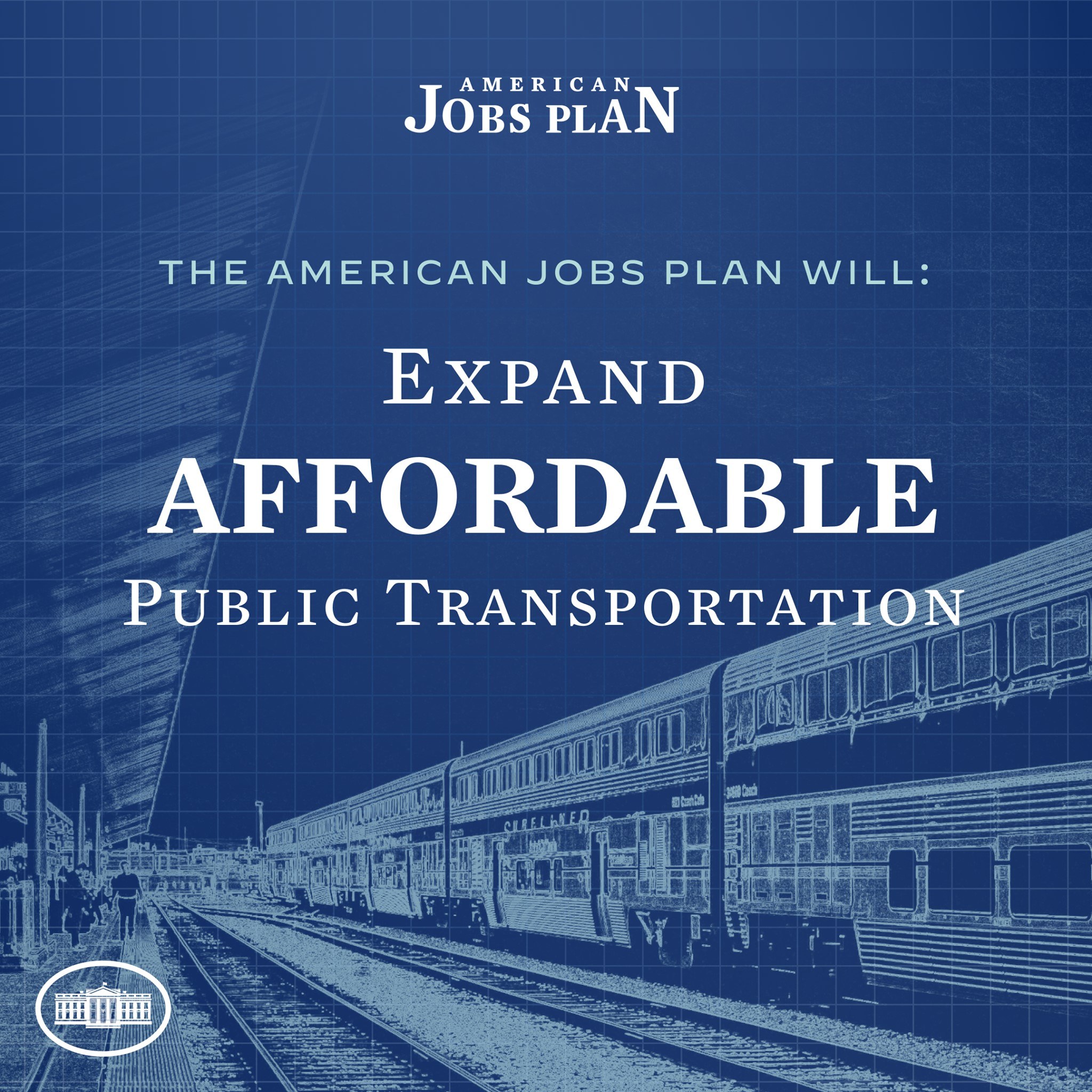 Plakat mit einem Zug auf den Eisenbahnschienen mit mehreren Menschen in der Nähe, das "The American Jobs Plan Will Expand Affordable Public Transportation" bewirbt.