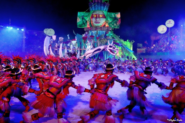 Eine Gruppe von Menschen in bunten Kostümen tanzt auf einer Bühne vor einem sitzenden Publikum, mit Lichtern, Stangen, Ballons und einem Bildschirm, der eine Person zeigt, unter einem sichtbaren Himmel, und erfasst die lebendige Atmosphäre des Rio-Karnevals 2014.