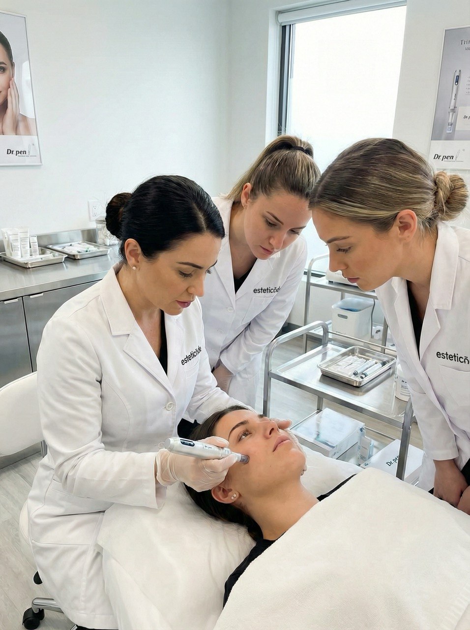 Eine minimalistische Ästhetikpraxis: Drei Fachkräfte in weißen Arbeitskitteln führen konzentriert eine professionelle Gesichtsbehandlung durch. Die ruhige Atmosphäre unterstreicht Präzision und den Einsatz fortschrittlicher Hautpflegeverfahren.