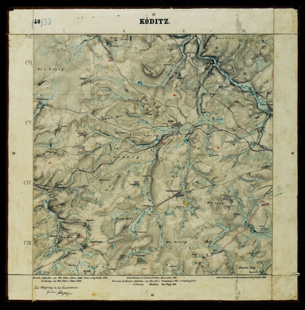 Schwarze und weiße topografische Karte von Köditz, Deutschland, zeigt geografische Merkmale wie Berge und Flüsse mit Text in einer klassischen Serifenschrift.