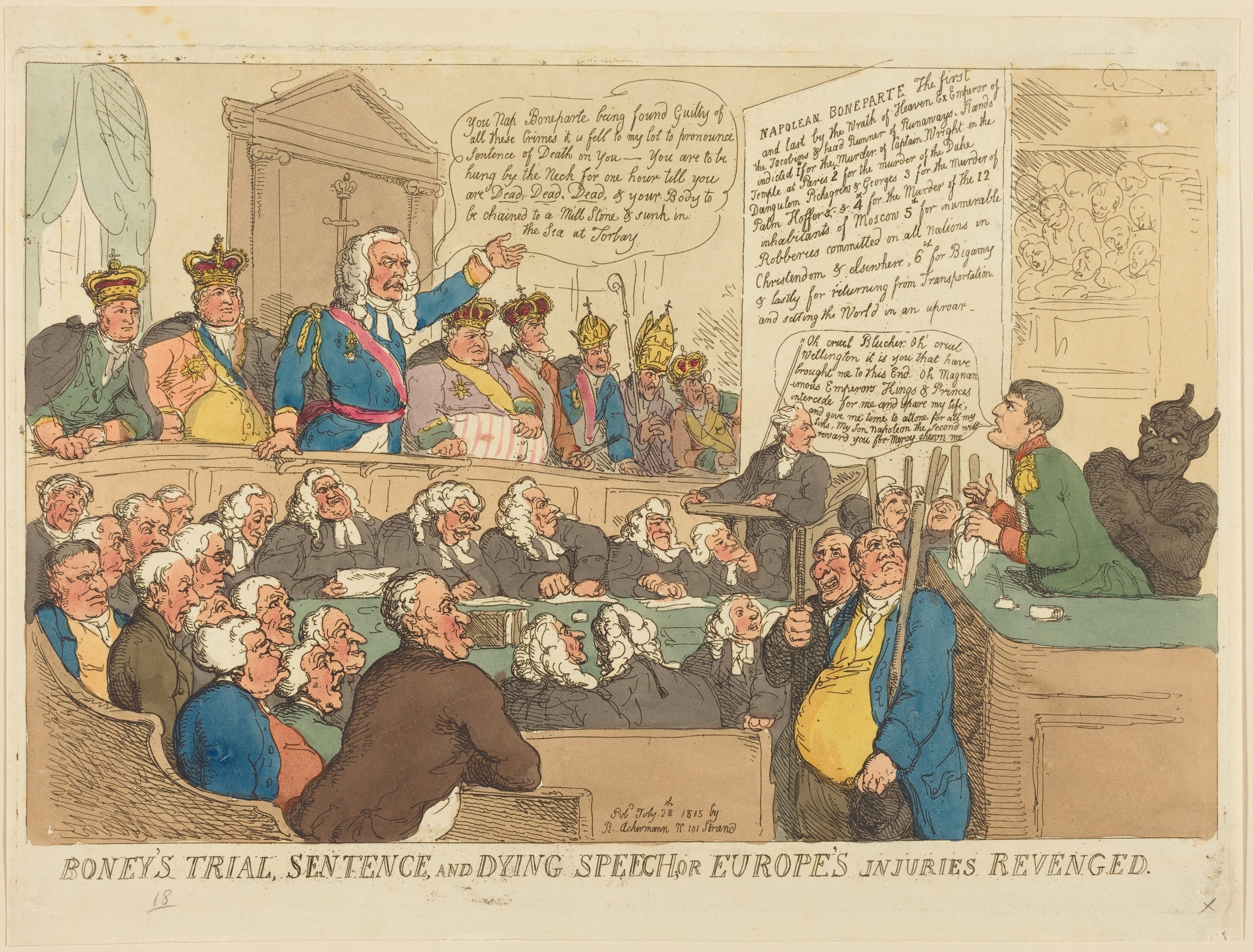 Cartoon-Illustration eines Gerichtsszenen-Titels "Boney's Trial, Sentence, and Dying Speech Europe's Injuries Revenged", die eine zentrale stehende Figur und sitzende Beobachter mit einem Tisch voller Gegenstände auf der rechten Seite zeigt.