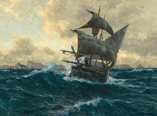 Ein Gemälde namens 'Das Piratenschiff' von Edward Henry Potthast, das ein Piratenschiff zeigt, das auf dem Meer segelt, umgeben von Felsen, mit Menschen an Bord und einem bewölkten Himmel im Hintergrund.